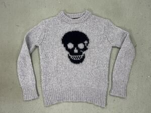 Skull Cashmere Sweater Crew Womens Small Gray Wool Alpaca Skull Intarsia Knit